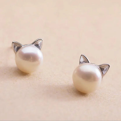 Pearl Cat Earrings "Purrfectly Elegant" - Sterling Silver