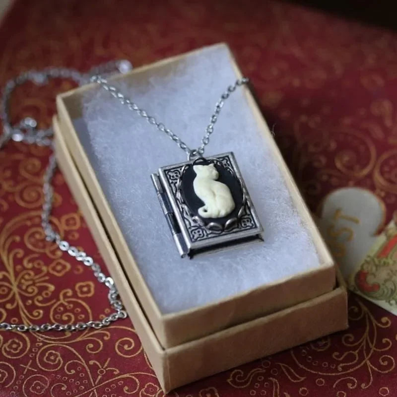 Vintage necklace with cat book pendant – rotating side design