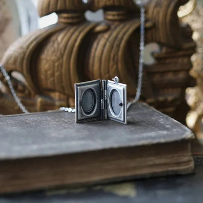 Vintage necklace with cat book pendant – rotating side design