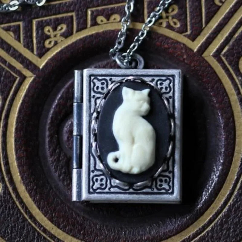 Vintage necklace with cat book pendant – rotating side design