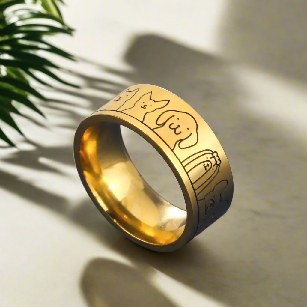 Wide stainless steel dog ring - engraved design for women