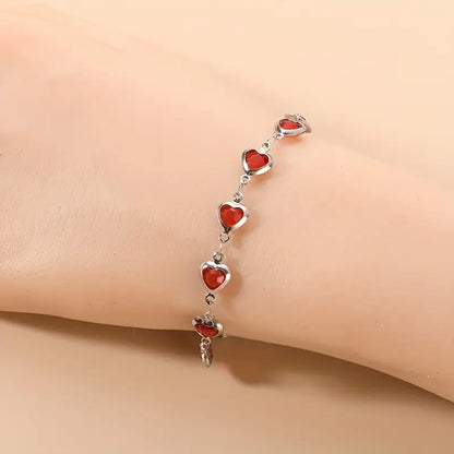 Silver Ruby Heart Link Bracelet