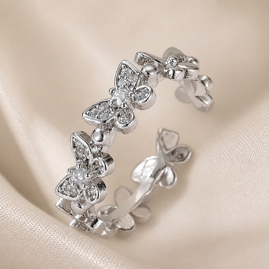 White Gold Butterfly Ring with Rhinestones