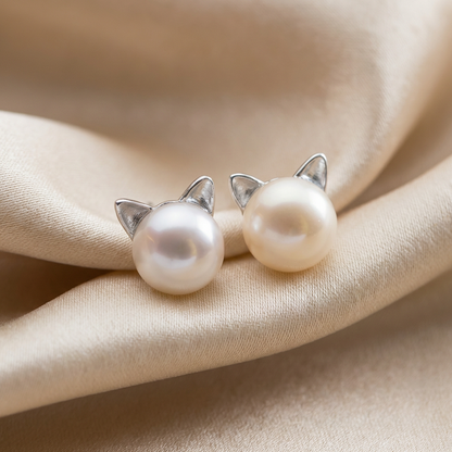 Pearl Cat Earrings "Purrfectly Elegant" - Sterling Silver