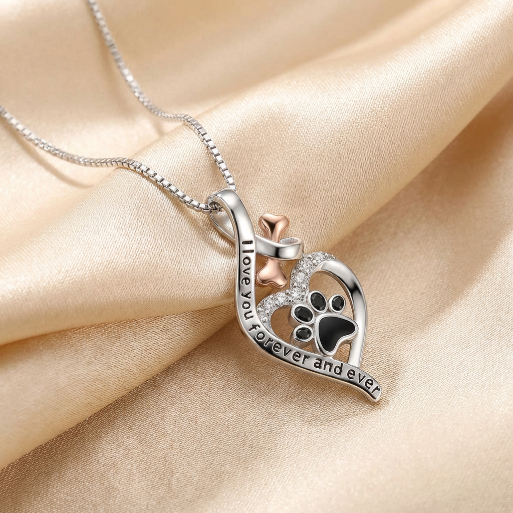 Lucky Paw Necklace with Heart, Bone, and Infinity Symbol – "Always in My Heart" Pendant.
