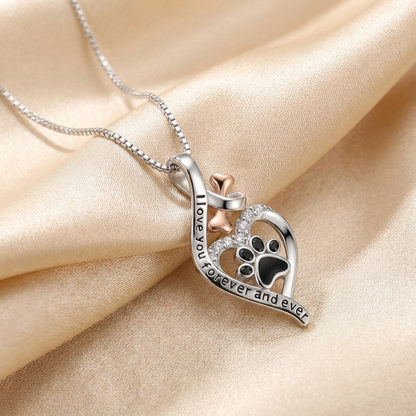 Lucky Paw Necklace with Heart, Bone, and Infinity Symbol – "Always in My Heart" Pendant.