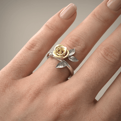 SØLVRING MED GUL ROSE