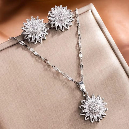 Trendy Silver Sunflower Zirconia Necklace and Earrings Set