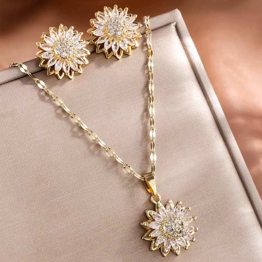 Trendy Silver Sunflower Zirconia Necklace and Earrings Set